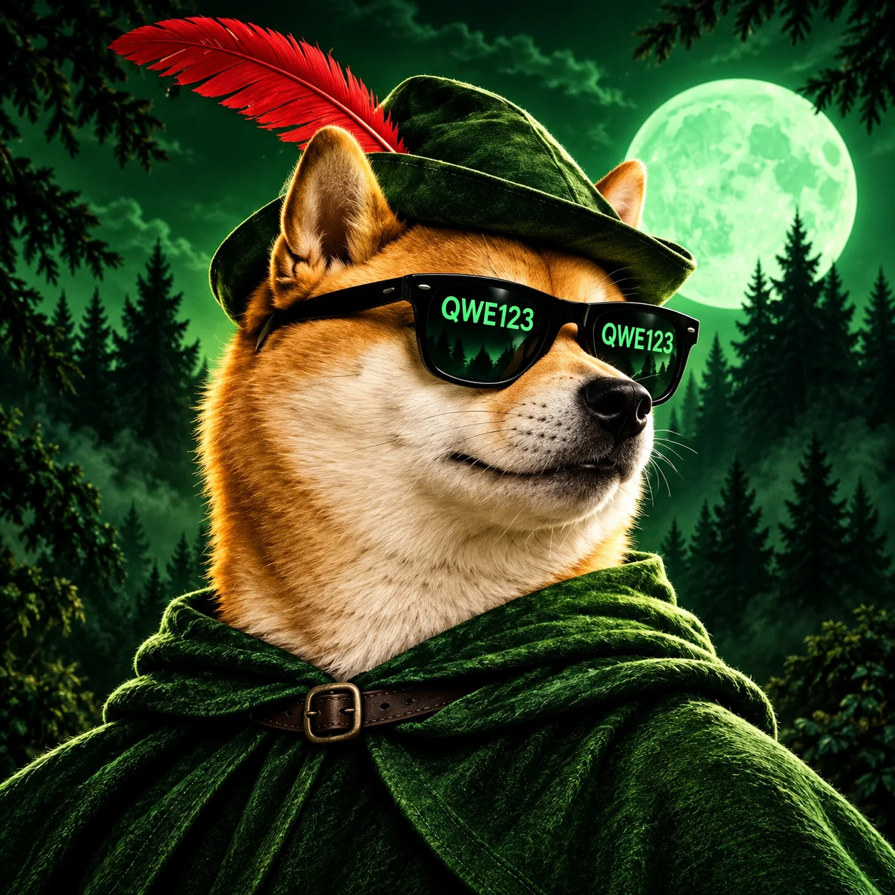 Detailed portrait of the QWE123 Shiba dog in a green Robin Hood hat, red feather and QWE123 sunglasses